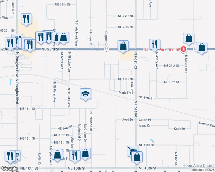 map of restaurants, bars, coffee shops, grocery stores, and more near 1813 Mark Trail in Oklahoma City