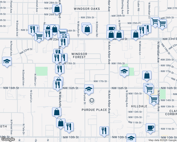 map of restaurants, bars, coffee shops, grocery stores, and more near 1833 North Purdue Place in Oklahoma City