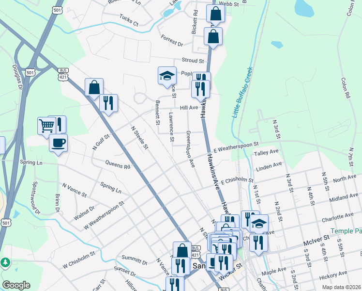 map of restaurants, bars, coffee shops, grocery stores, and more near 603 Greensboro Avenue in Sanford