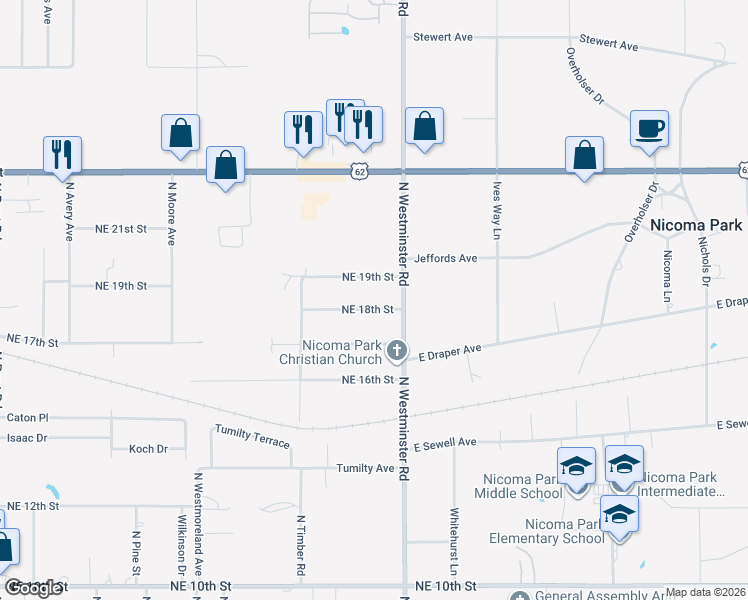 map of restaurants, bars, coffee shops, grocery stores, and more near 10917 Northeast 18th Street in Oklahoma City