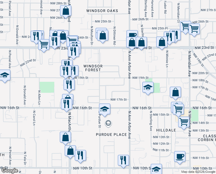 map of restaurants, bars, coffee shops, grocery stores, and more near 1833 North Purdue Place in Oklahoma City