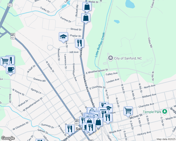 map of restaurants, bars, coffee shops, grocery stores, and more near 209 East Weatherspoon Street in Sanford