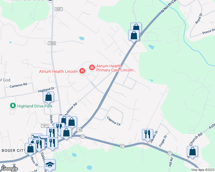 map of restaurants, bars, coffee shops, grocery stores, and more near 2595 North Carolina 150 in Lincolnton