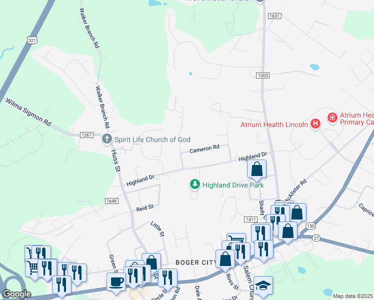 map of restaurants, bars, coffee shops, grocery stores, and more near 1753 Cameron Road in Lincolnton