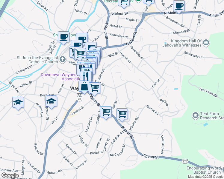 map of restaurants, bars, coffee shops, grocery stores, and more near 2 East Street in Waynesville