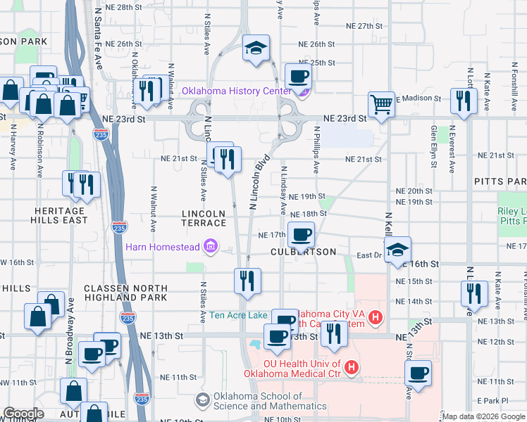 map of restaurants, bars, coffee shops, grocery stores, and more near 623 Northeast 18th Street in Oklahoma City