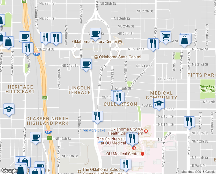 map of restaurants, bars, coffee shops, grocery stores, and more near 623 Northeast 18th Street in Oklahoma City