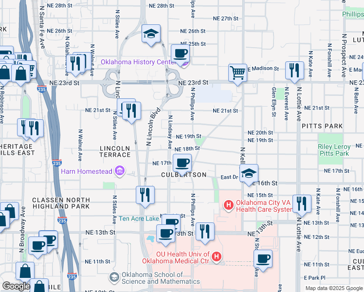 map of restaurants, bars, coffee shops, grocery stores, and more near 719 Northeast 18th Street in Oklahoma City