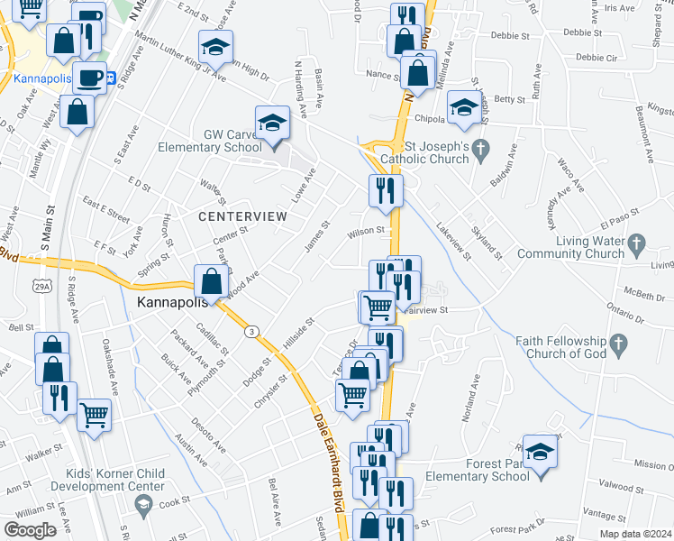 map of restaurants, bars, coffee shops, grocery stores, and more near 630 Smith Street in Kannapolis