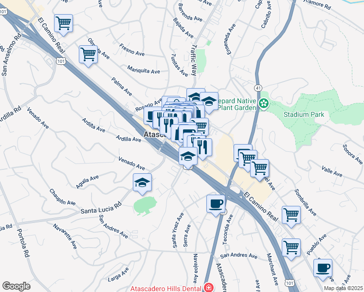 map of restaurants, bars, coffee shops, grocery stores, and more near 6500 El Camino Real in Atascadero