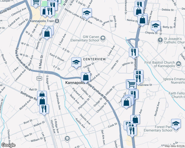 map of restaurants, bars, coffee shops, grocery stores, and more near 531 Park Street in Kannapolis