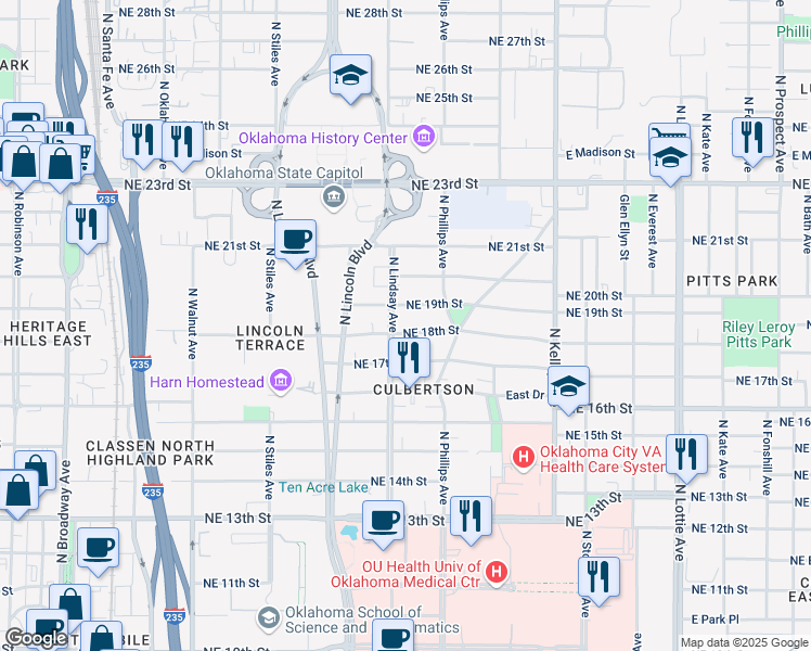 map of restaurants, bars, coffee shops, grocery stores, and more near 719 Northeast 18th Street in Oklahoma City