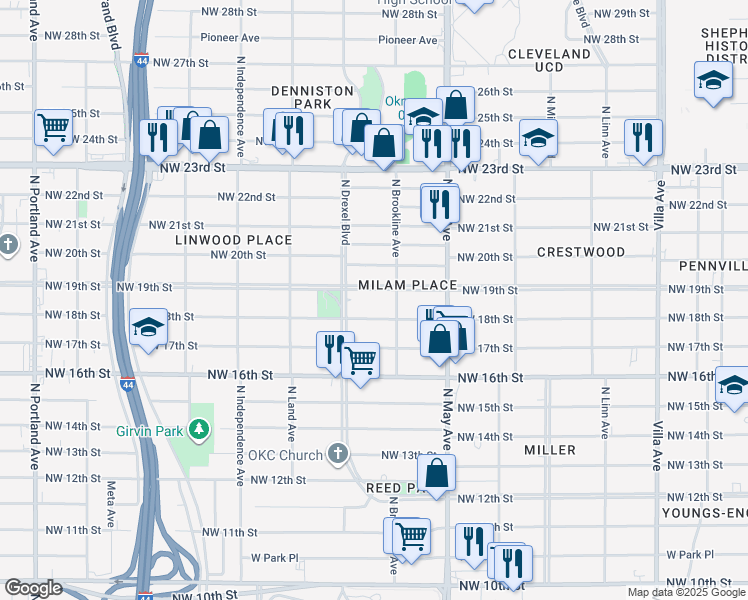 map of restaurants, bars, coffee shops, grocery stores, and more near 3022 Northwest 19th Street in Oklahoma City