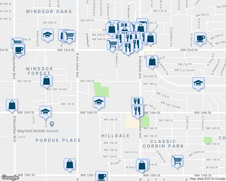map of restaurants, bars, coffee shops, grocery stores, and more near 1805 North Minnie Lane in Oklahoma City