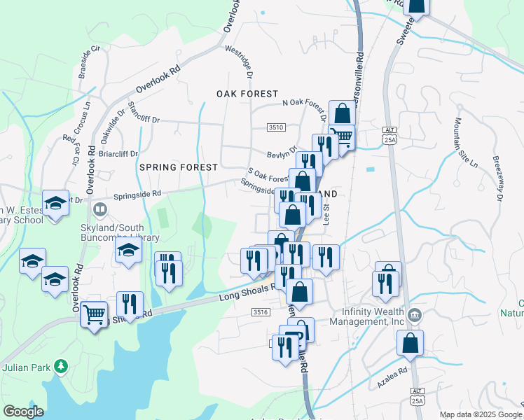 map of restaurants, bars, coffee shops, grocery stores, and more near 17 Scottish Circle in Asheville