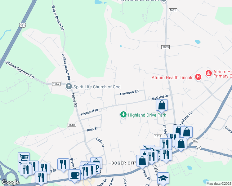 map of restaurants, bars, coffee shops, grocery stores, and more near 1753 Cameron Road in Lincolnton