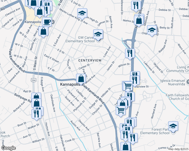 map of restaurants, bars, coffee shops, grocery stores, and more near 372 Wood Avenue in Kannapolis