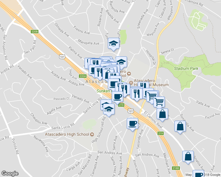 map of restaurants, bars, coffee shops, grocery stores, and more near 6390 El Camino Real in Atascadero
