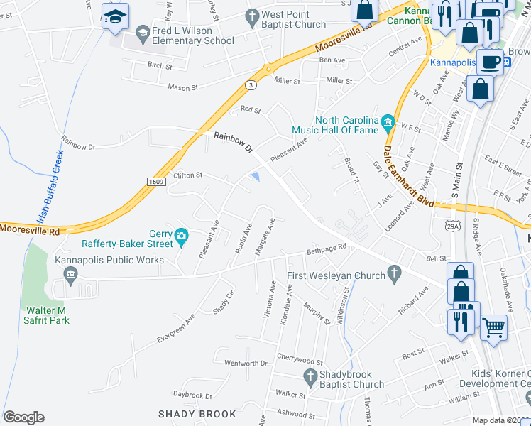 map of restaurants, bars, coffee shops, grocery stores, and more near 700 Margate Avenue in Kannapolis