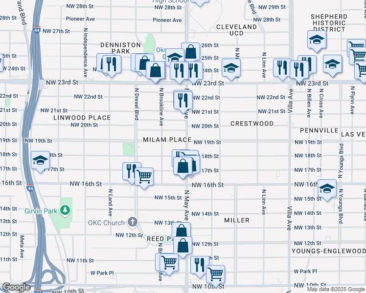 map of restaurants, bars, coffee shops, grocery stores, and more near 2904 Northwest 19th Street in Oklahoma City