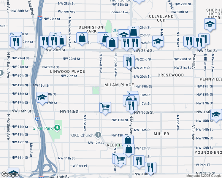 map of restaurants, bars, coffee shops, grocery stores, and more near 3022 Northwest 19th Street in Oklahoma City