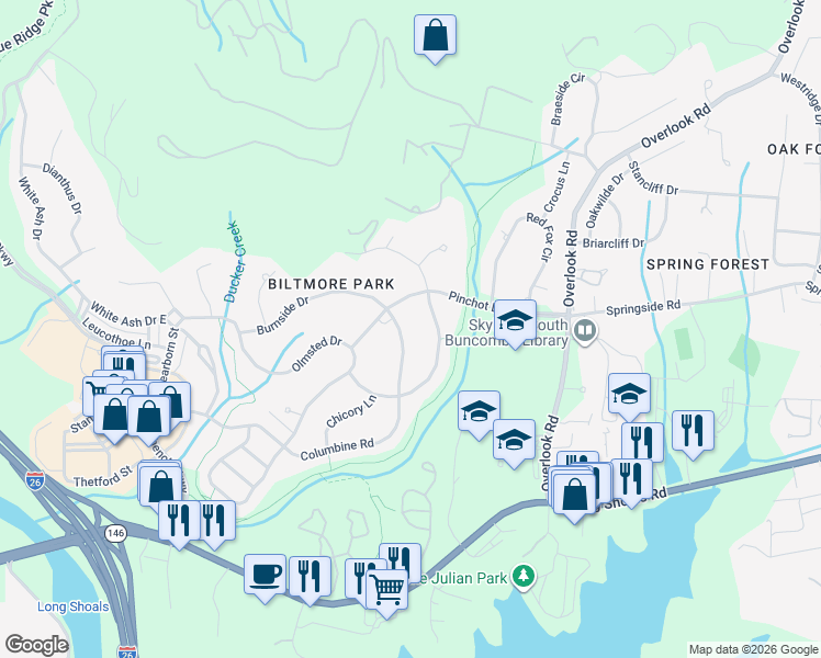 map of restaurants, bars, coffee shops, grocery stores, and more near 909 Woodvine Road in Asheville