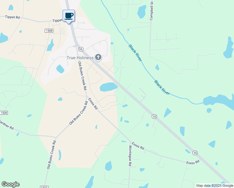 map of restaurants, bars, coffee shops, grocery stores, and more near 64 White Birch Lane in Angier