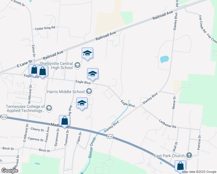 map of restaurants, bars, coffee shops, grocery stores, and more near 570 Eagle Boulevard in Shelbyville