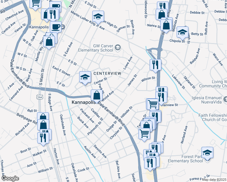 map of restaurants, bars, coffee shops, grocery stores, and more near 364 Wood Avenue in Kannapolis