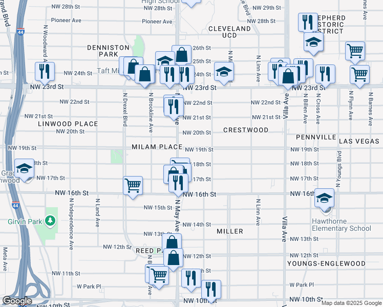 map of restaurants, bars, coffee shops, grocery stores, and more near 2836 Northwest 19th Street in Oklahoma City