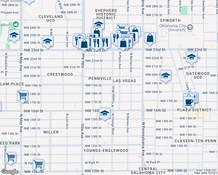 map of restaurants, bars, coffee shops, grocery stores, and more near 1903 North Youngs Boulevard in Oklahoma City