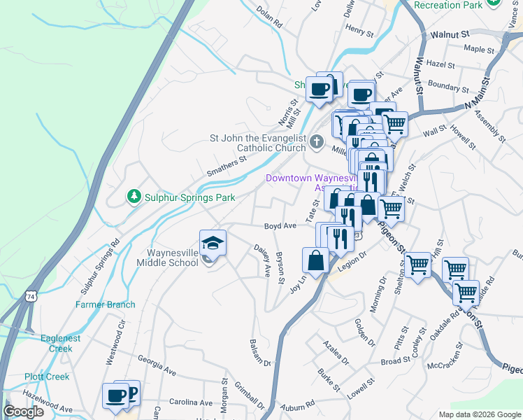 map of restaurants, bars, coffee shops, grocery stores, and more near 293 Meadow Street in Waynesville