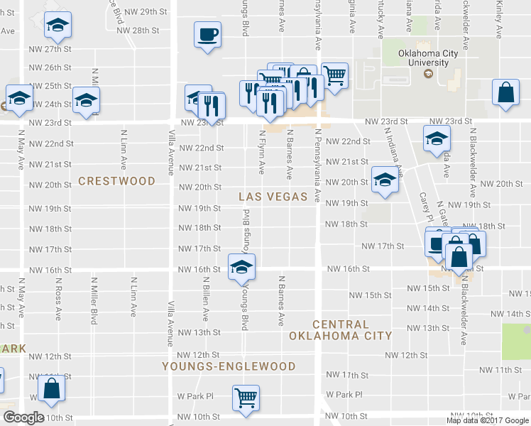 map of restaurants, bars, coffee shops, grocery stores, and more near 2230 Northwest 19th Street in Oklahoma City