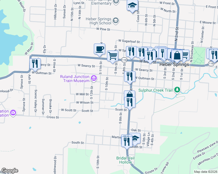 map of restaurants, bars, coffee shops, grocery stores, and more near 908 West Mill Street in Heber Springs
