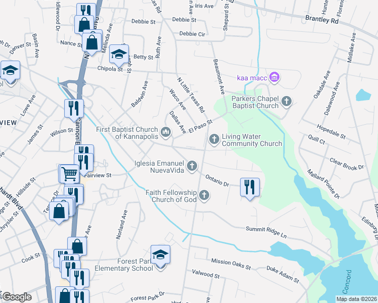 map of restaurants, bars, coffee shops, grocery stores, and more near 1351 Ontario Drive in Kannapolis