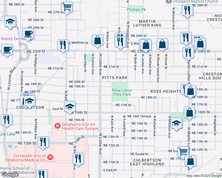 map of restaurants, bars, coffee shops, grocery stores, and more near 1332 Northeast 19th Street in Oklahoma City