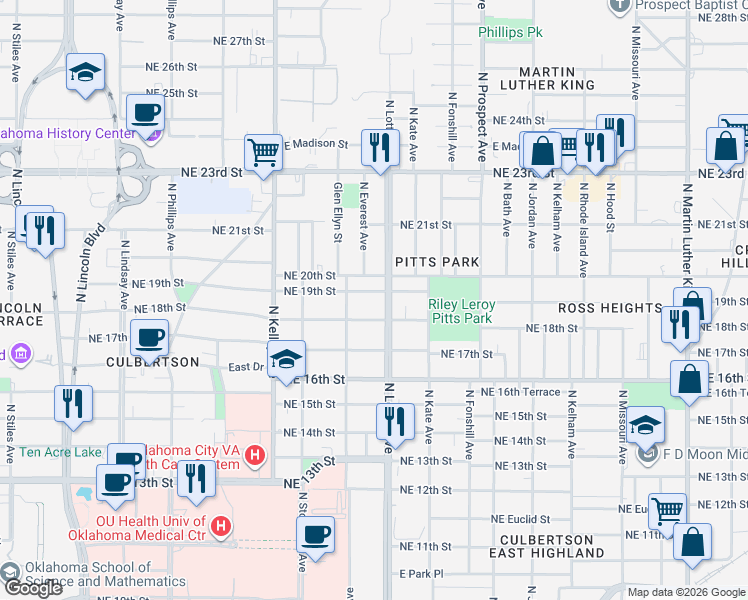 map of restaurants, bars, coffee shops, grocery stores, and more near 1907 North Lottie Avenue in Oklahoma City