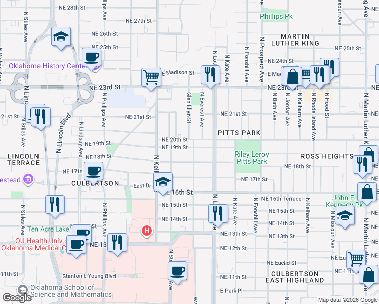 map of restaurants, bars, coffee shops, grocery stores, and more near 1205 Northeast 18th Street in Oklahoma City