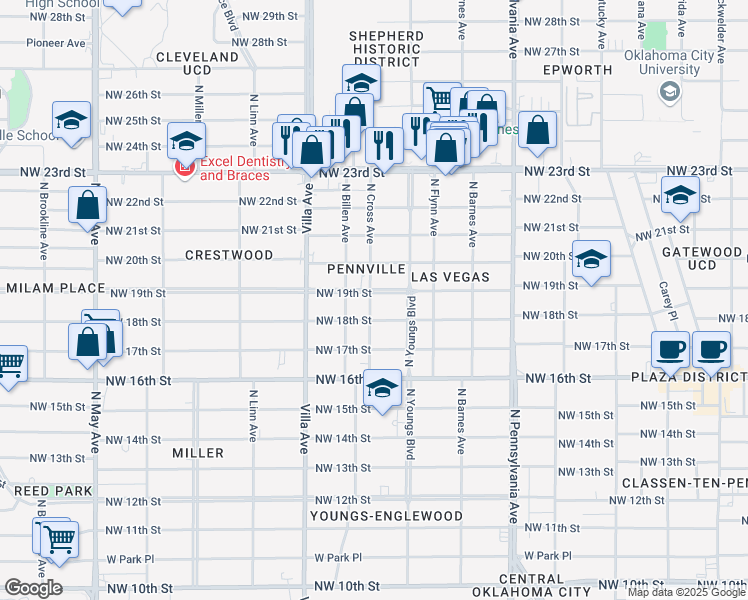 map of restaurants, bars, coffee shops, grocery stores, and more near 1909 North Cross Avenue in Oklahoma City