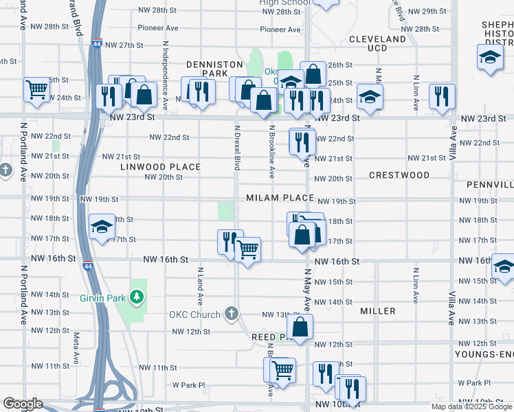 map of restaurants, bars, coffee shops, grocery stores, and more near 3022 Northwest 19th Street in Oklahoma City