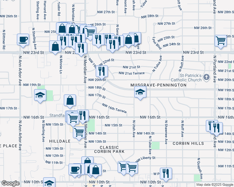 map of restaurants, bars, coffee shops, grocery stores, and more near 4312 Northwest 18th Street in Oklahoma City