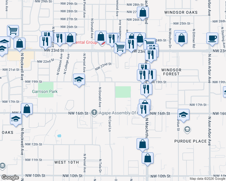 map of restaurants, bars, coffee shops, grocery stores, and more near 1819 North Allen Lane in Oklahoma City