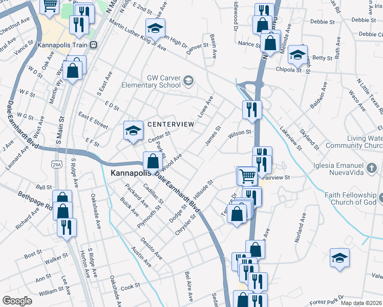 map of restaurants, bars, coffee shops, grocery stores, and more near 289 James Street in Kannapolis