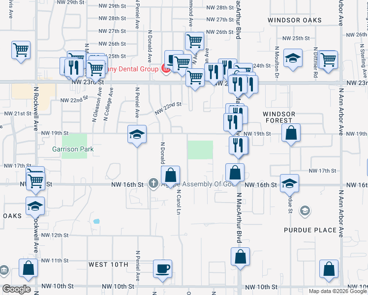 map of restaurants, bars, coffee shops, grocery stores, and more near 1819 North Allen Lane in Oklahoma City
