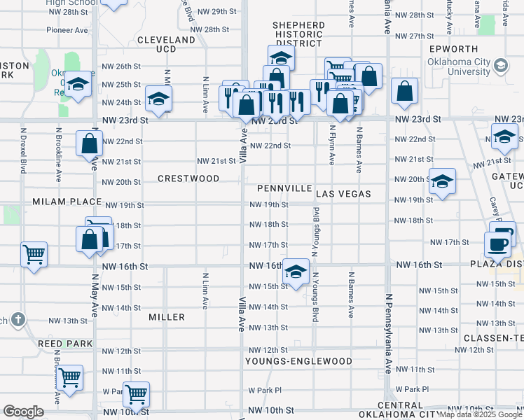 map of restaurants, bars, coffee shops, grocery stores, and more near 2408 Northwest 19th Street in Oklahoma City