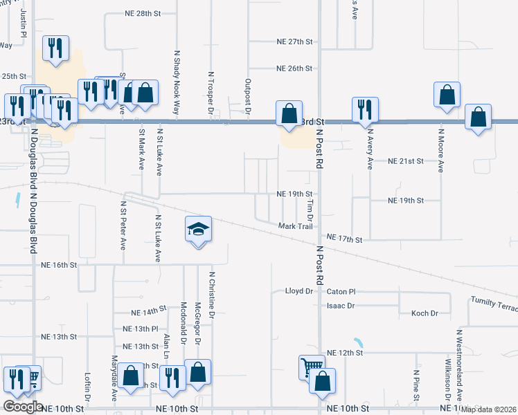 map of restaurants, bars, coffee shops, grocery stores, and more near 1813 Mark Trail in Oklahoma City