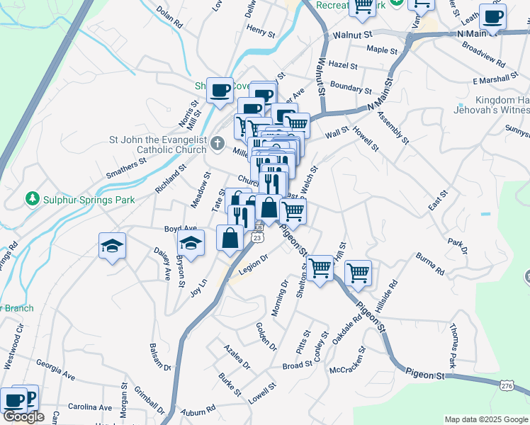 map of restaurants, bars, coffee shops, grocery stores, and more near in Waynesville