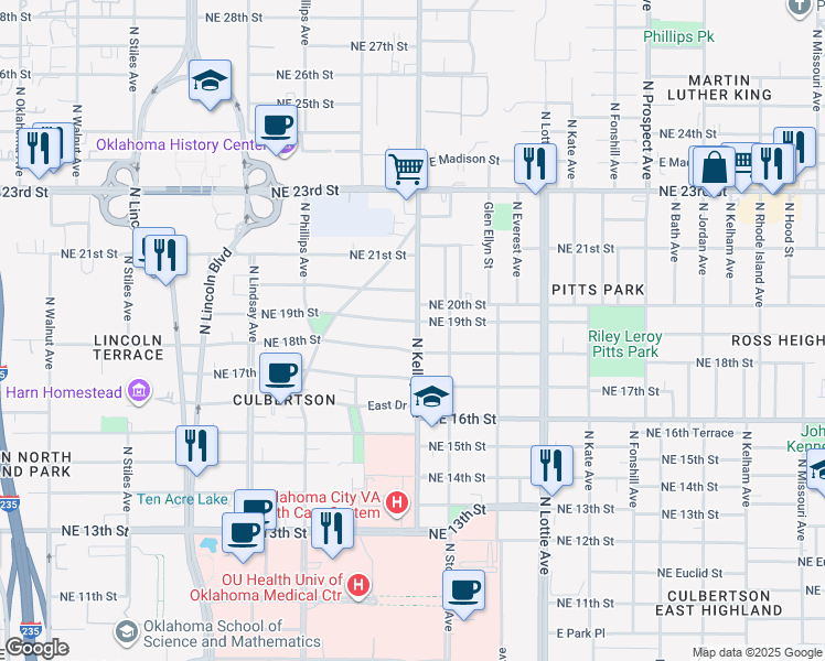map of restaurants, bars, coffee shops, grocery stores, and more near 946 Northeast 19th Street in Oklahoma City