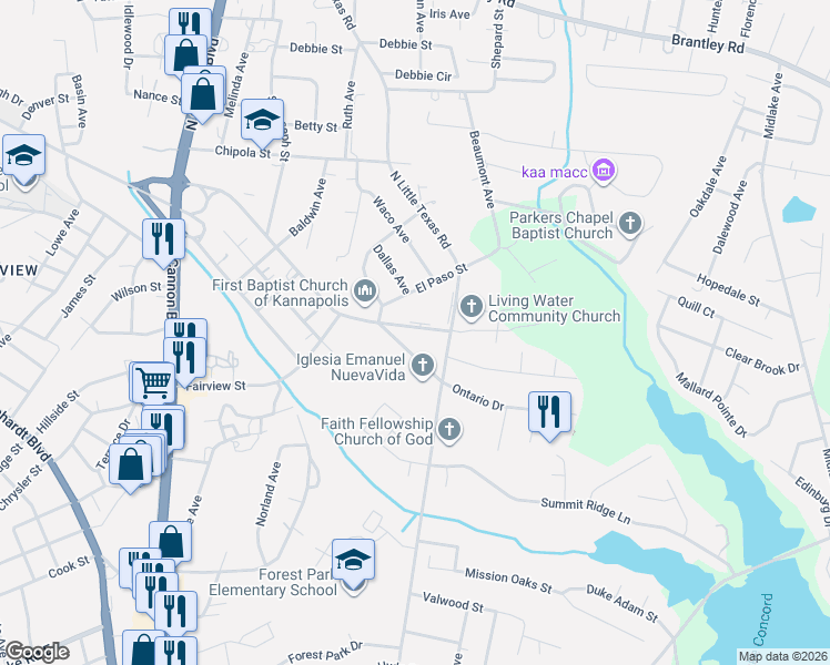 map of restaurants, bars, coffee shops, grocery stores, and more near 1351 Ontario Drive in Kannapolis