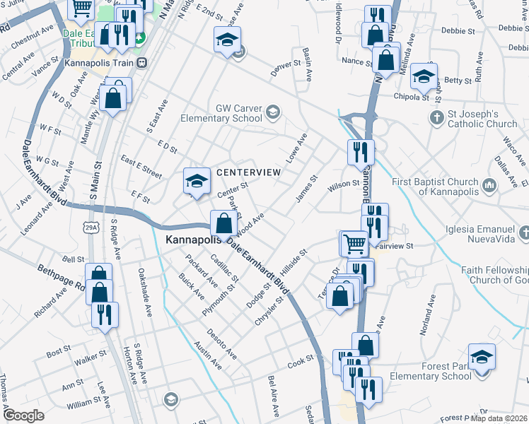 map of restaurants, bars, coffee shops, grocery stores, and more near 356 Wood Avenue in Kannapolis